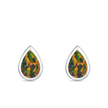 Teardrop Bezel Solitaire Pear Stud Earrings Lab Created Black Opal 925 Sterling Silver (7mm)